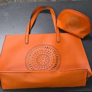 Neiman Marcus Tangerine Faux Leather Tote And Matching Pouch